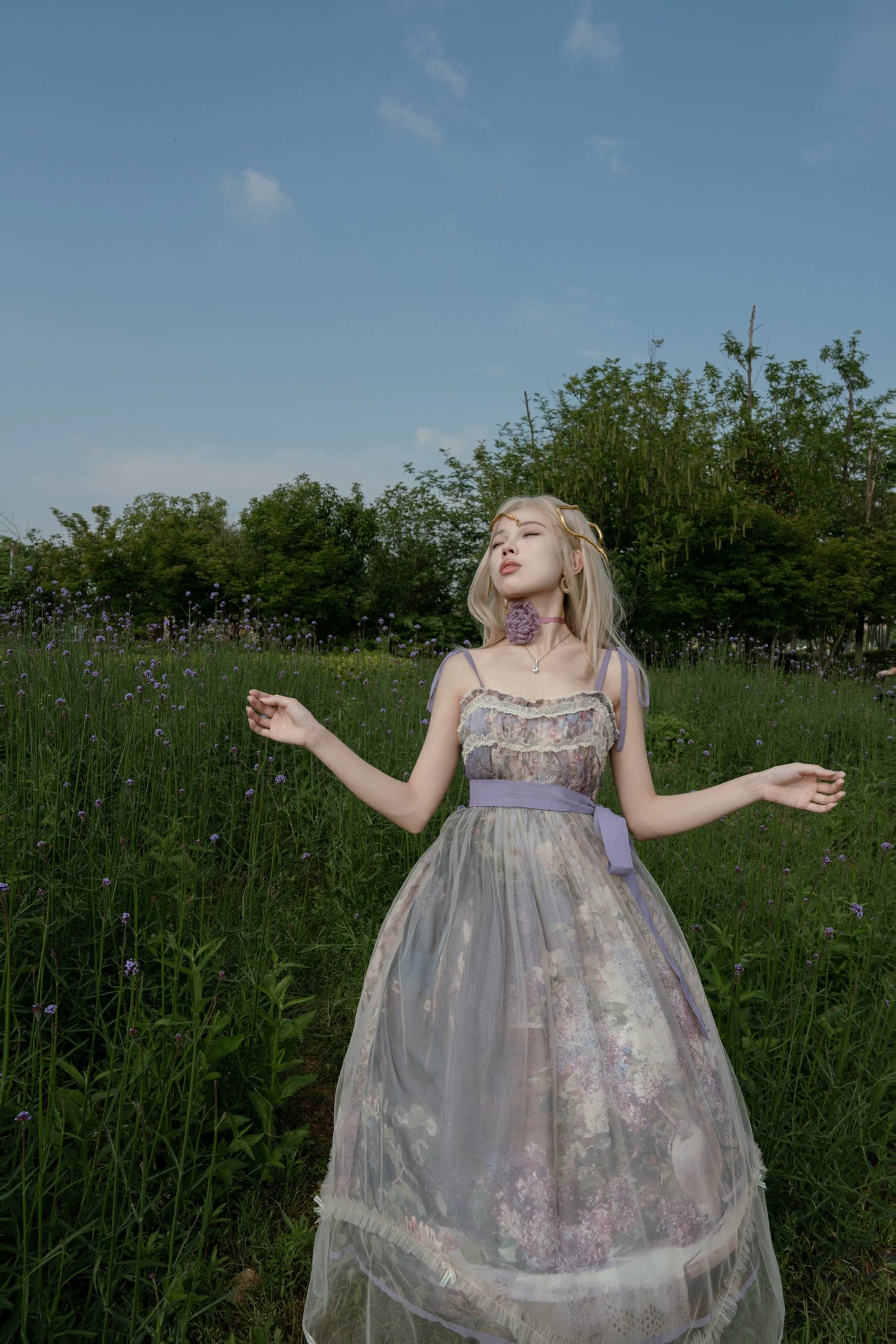 Cyan Lolita - Blooming Tree Shade - Sweet Lolita Strap JSK Bow Oil Painting Print Dress