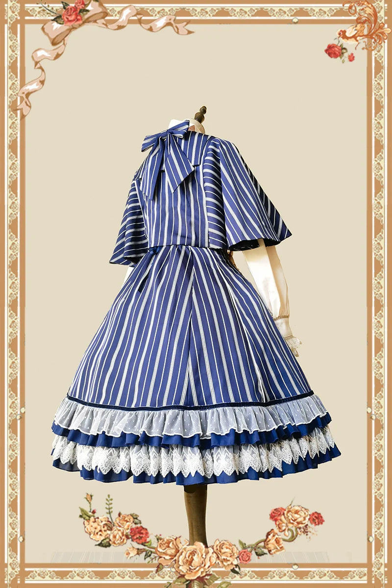 Infanta - Elegant Lolita Stripe High-waist Jumper Dress Set and Cape