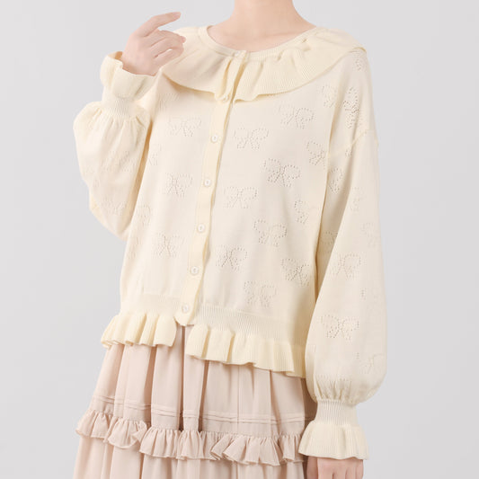MIST - Vintage Lolita Bow Hollowed-out Sweater Ruffled Cardigan