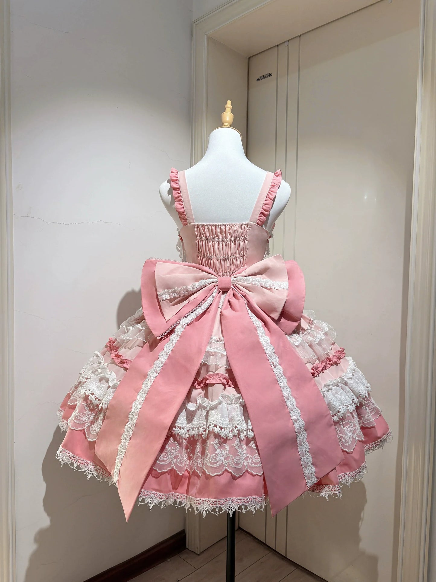 Qianmu - Girl's Secret - Pink Sweet Lolita JSK Dress with Lace and Bow Trailing
