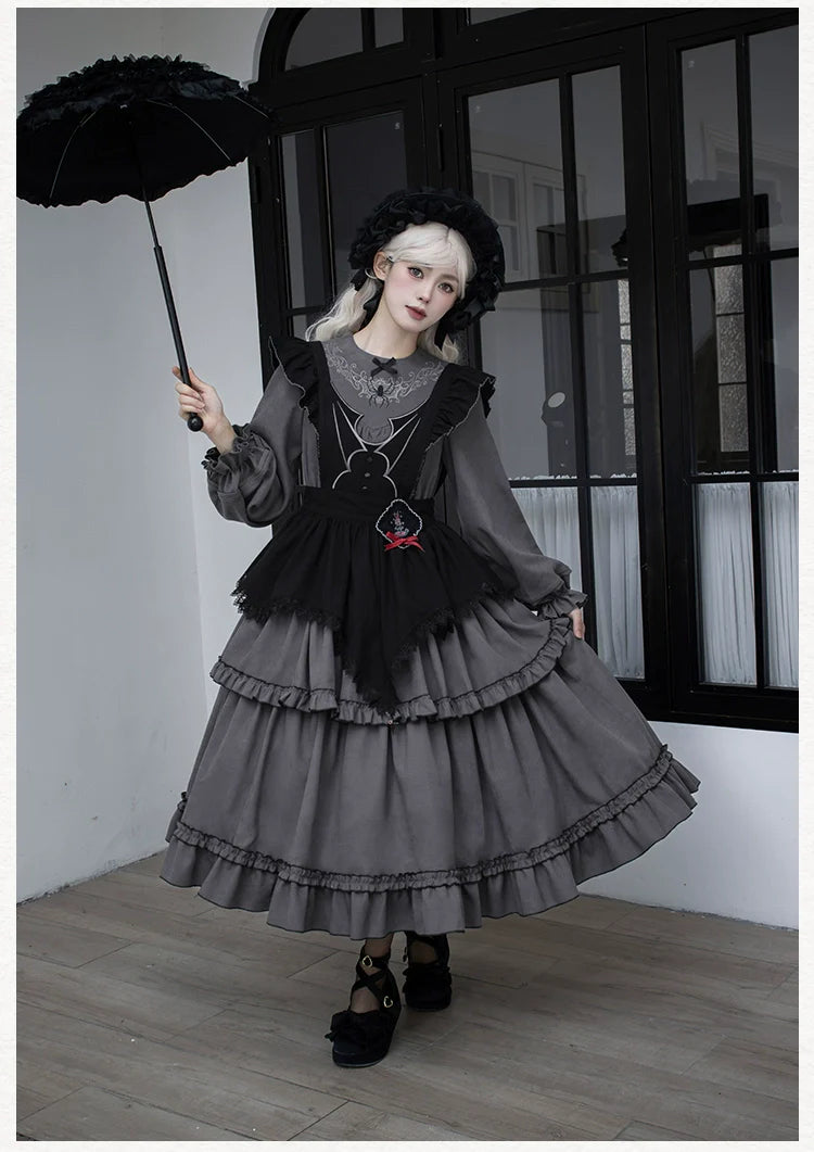 With PUJI - Castle Night - Gothic Twins Lolita OP Three-tiered Embroidery Dress