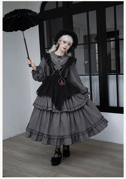 With PUJI - Castle Night - Gothic Twins Lolita OP Three-tiered Embroidery Dress