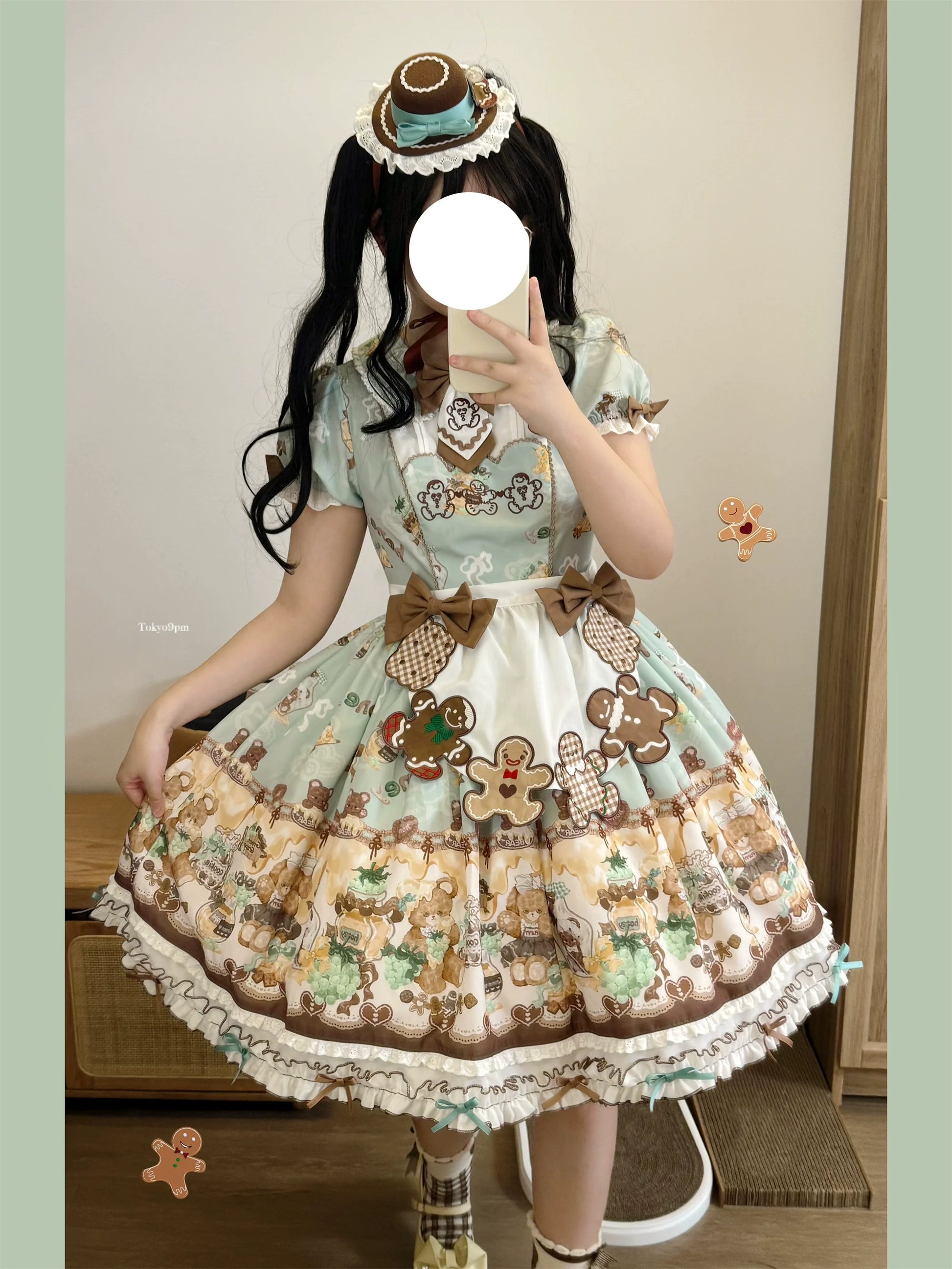 Babyblue - Little Bear Honey Jar - Kawaii Lolita Short Sleeve OP Gingerbread Man Embroidered Dress