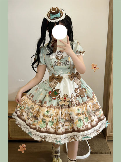 Babyblue - Little Bear Honey Jar - Kawaii Lolita Short Sleeve OP Gingerbread Man Embroidered Dress