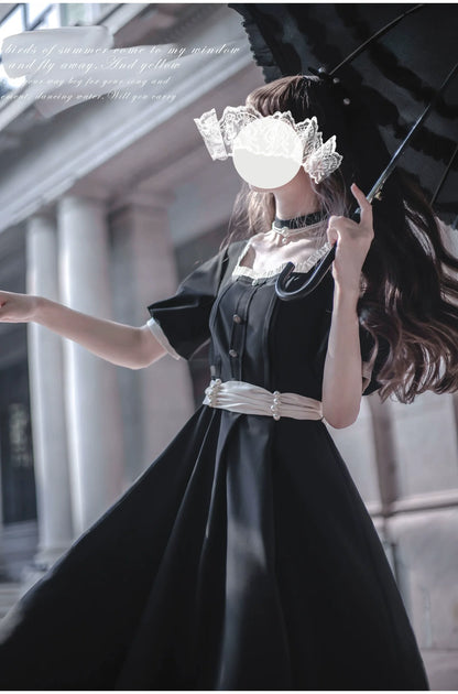 HuTaoMuJK - Thoughts - Vintage Lolita OP Dress Square Neckline Black Lolita Dress