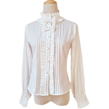 Youlan Lane - Winter Cotton Lolita Blouse White Long Sleeve Stand Collar Shirt