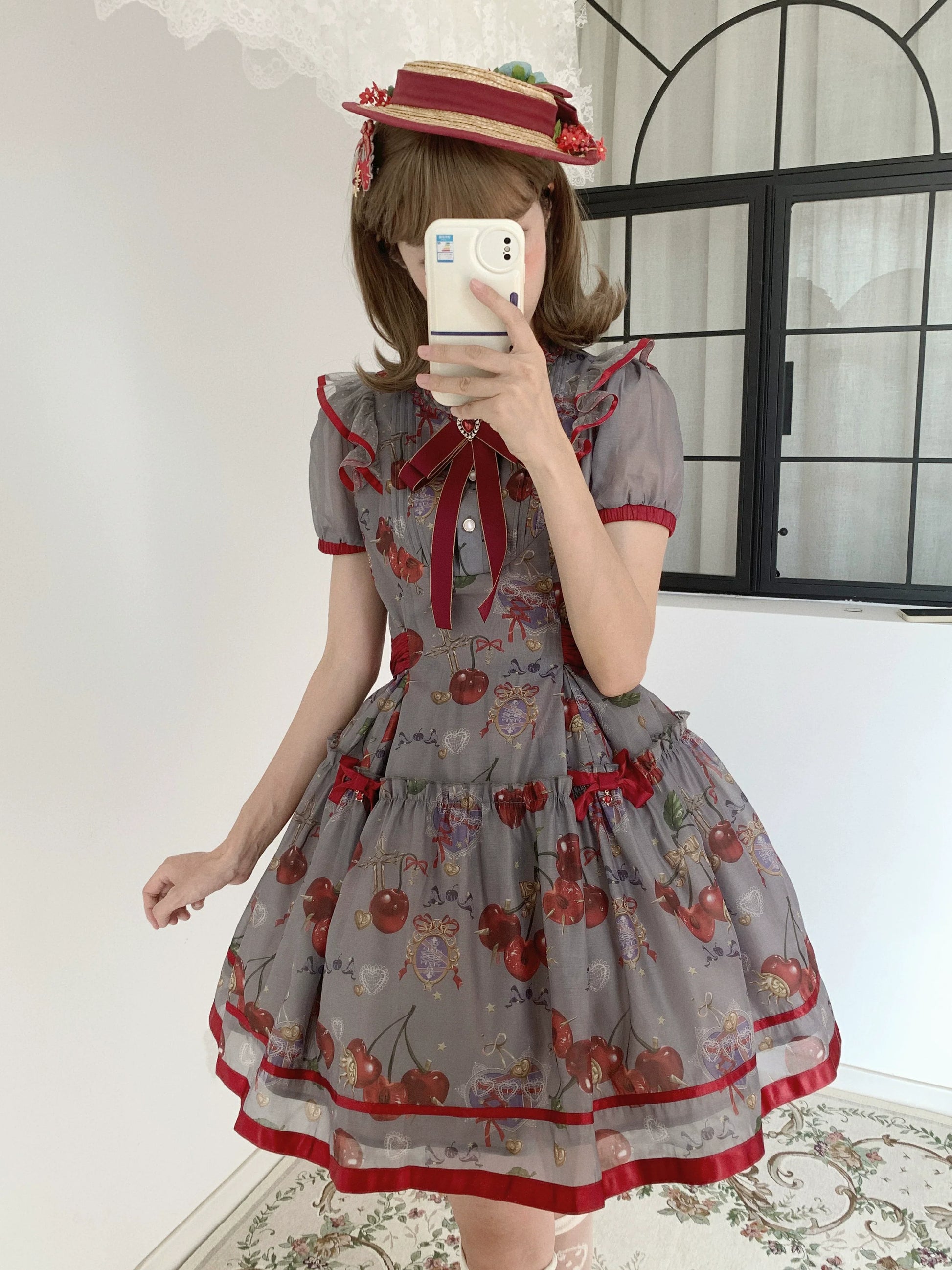 Gloaming - Sweet Lolita Cherry print Short Sleeve OP and SK Set