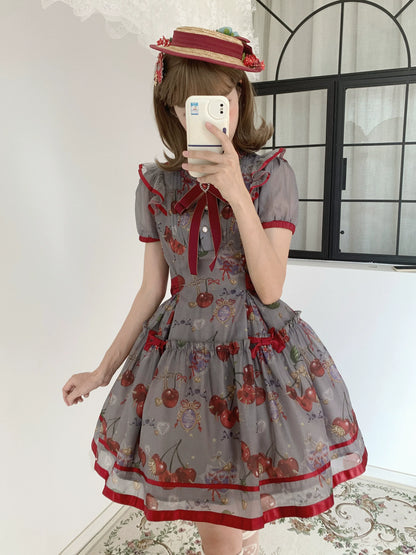 Gloaming - Sweet Lolita Cherry print Short Sleeve OP and SK Set