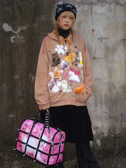 Cat Print ZIP-Up Hooded Sweat【s0000004223】