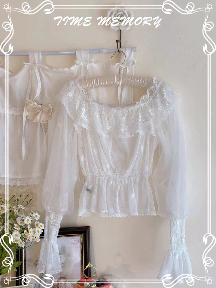 Time Memory - Layered Heart - Sheer Classic Shirt with Mutton Sleeves & Polka Dot