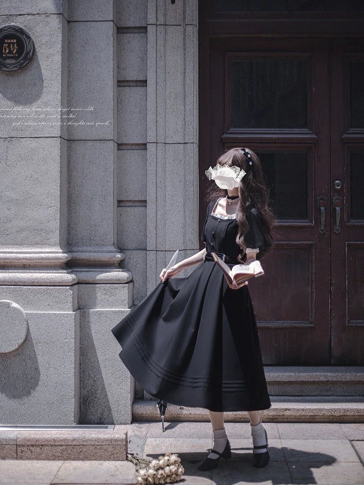 HuTaoMuJK - Thoughts - Vintage Lolita OP Dress Square Neckline Black Lolita Dress