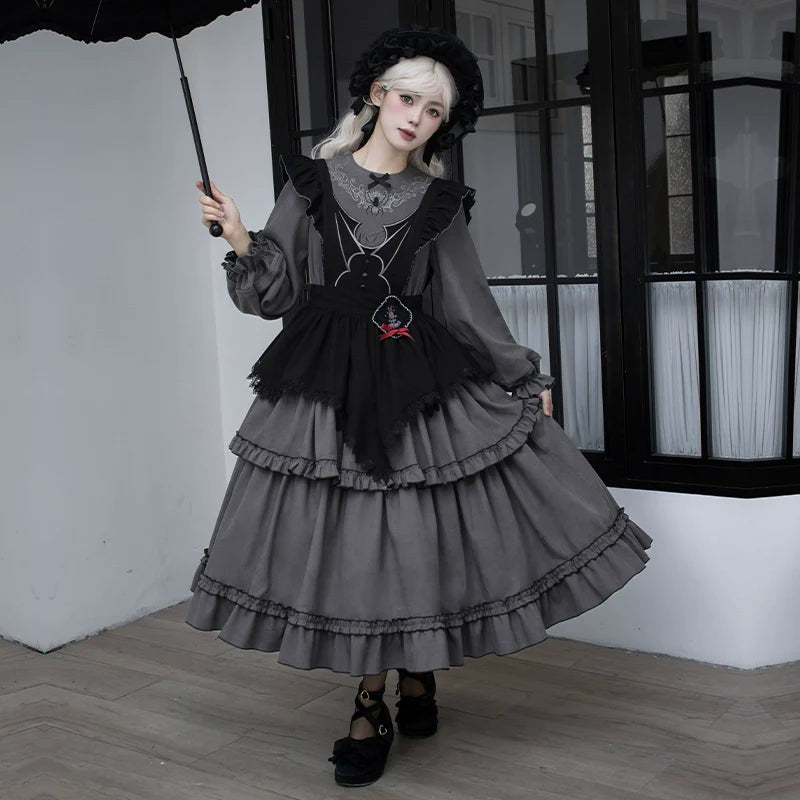 With PUJI - Castle Night - Gothic Twins Lolita OP Three-tiered Embroidery Dress