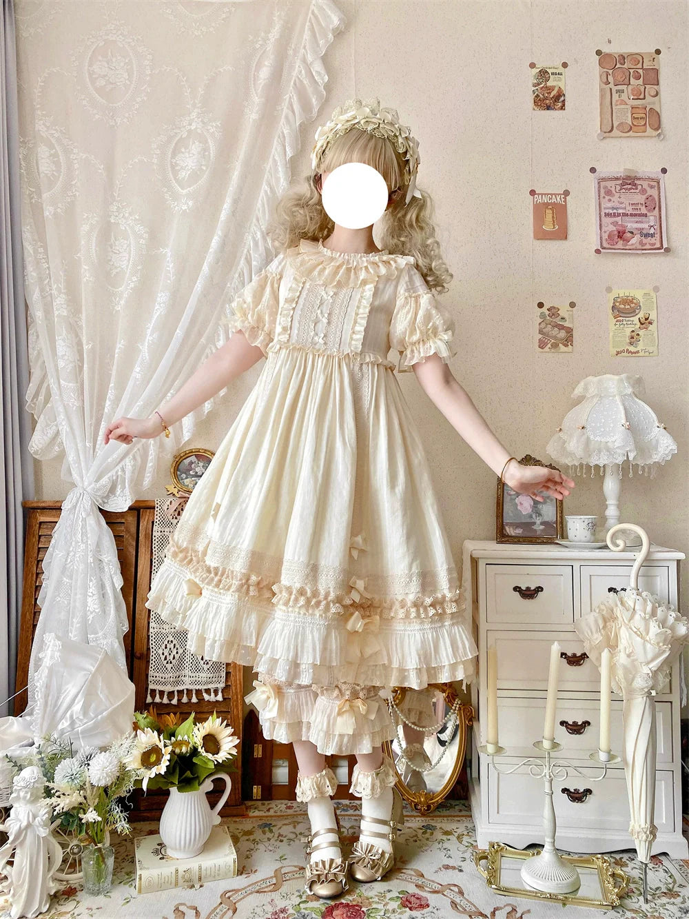 Ilovexiaolu - Meow Lullaby - Cotton Kawaii Lolita OP Dress with Removable Kitty Apron