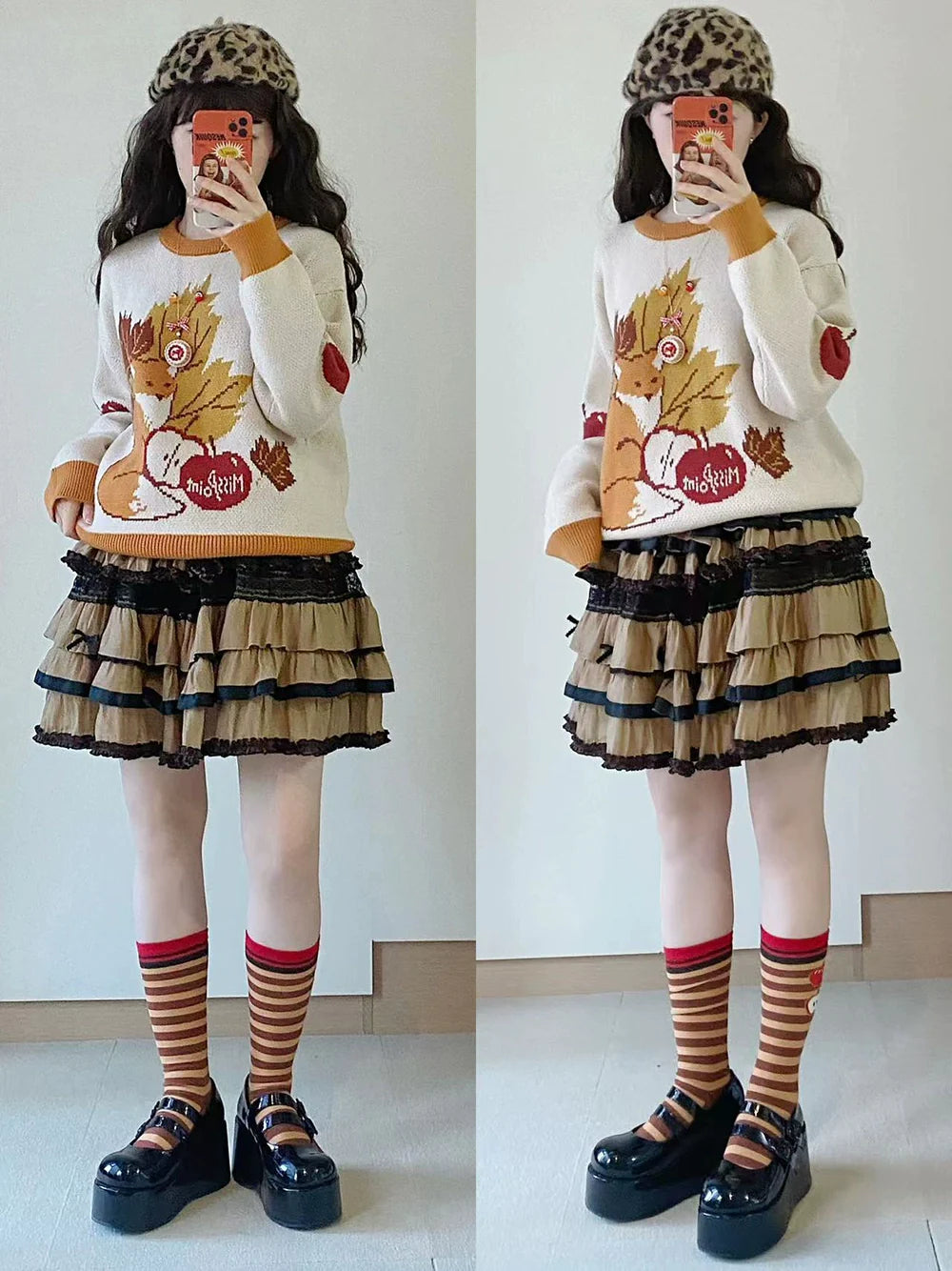 Miss Point - Chubby Fox in the Forest - Kawaii Lolita Sweater Customized Winter Lolita Couple Outfit