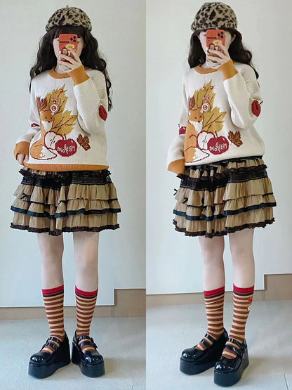 Miss Point - Chubby Fox in the Forest - Kawaii Lolita Sweater Customized Winter Lolita Couple Outfit