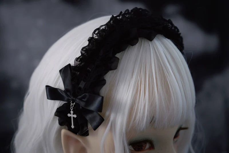 Strange Sugar - Gothic Black Lolita KC Cross Lace Headband Lolita Accessories