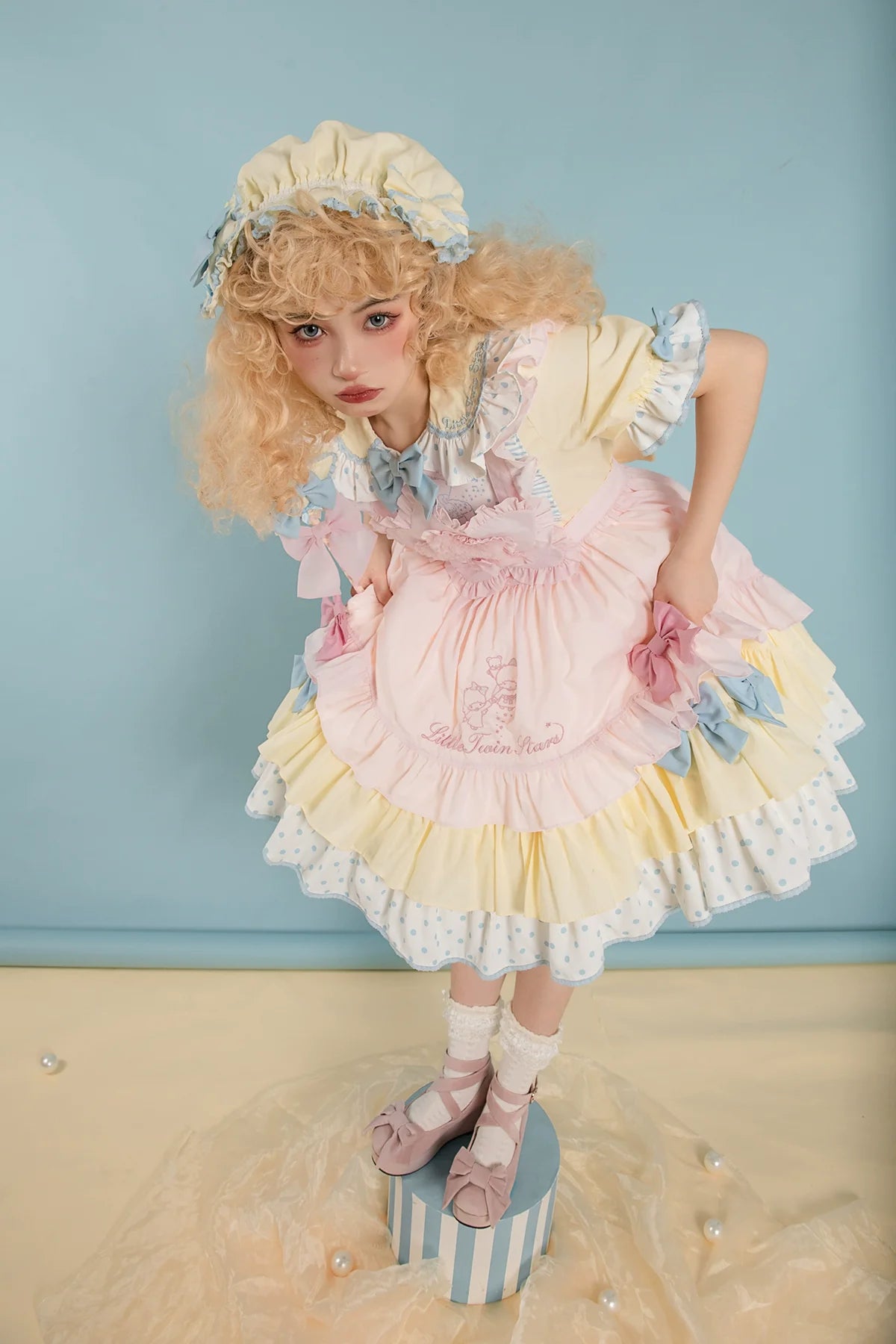 Vcastle - Sweet Lolita OP Dress Splicing Sleeve Apron Dot Print Dress