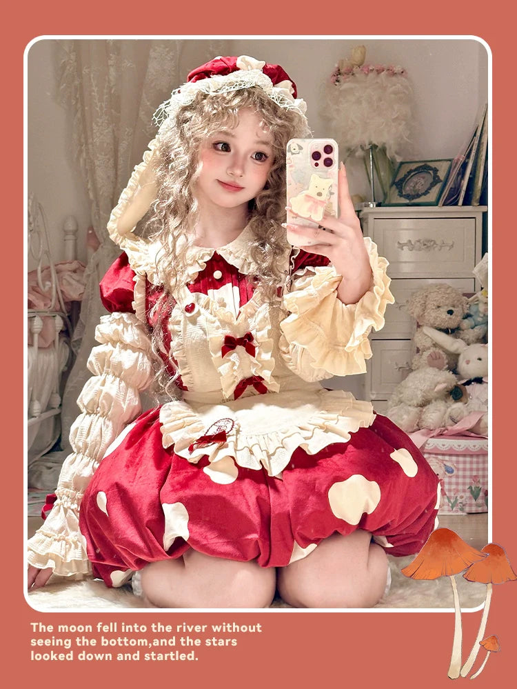 Sakurahime - Mushroom - Kawaii Lolita OP Dress with Apron and Detachable Sleeves