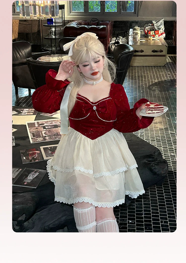 Yingtang - Plus Size Lolita Dress Velvet Long Sleeve