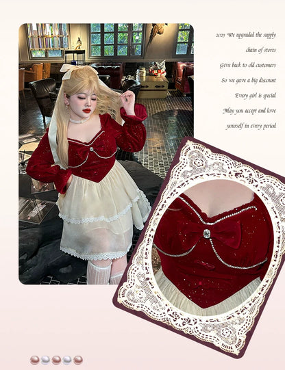 Yingtang - Plus Size Lolita Dress Velvet Long Sleeve