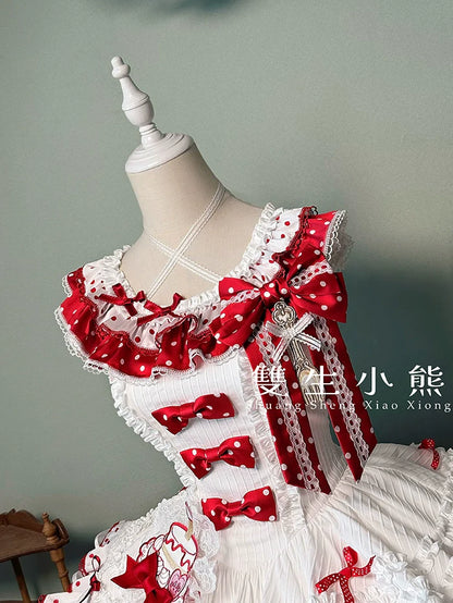 Shuang Sheng Xiao Xiong - Bite The Cake - Sweet Lolita Dress, Red & White Polka Dots
