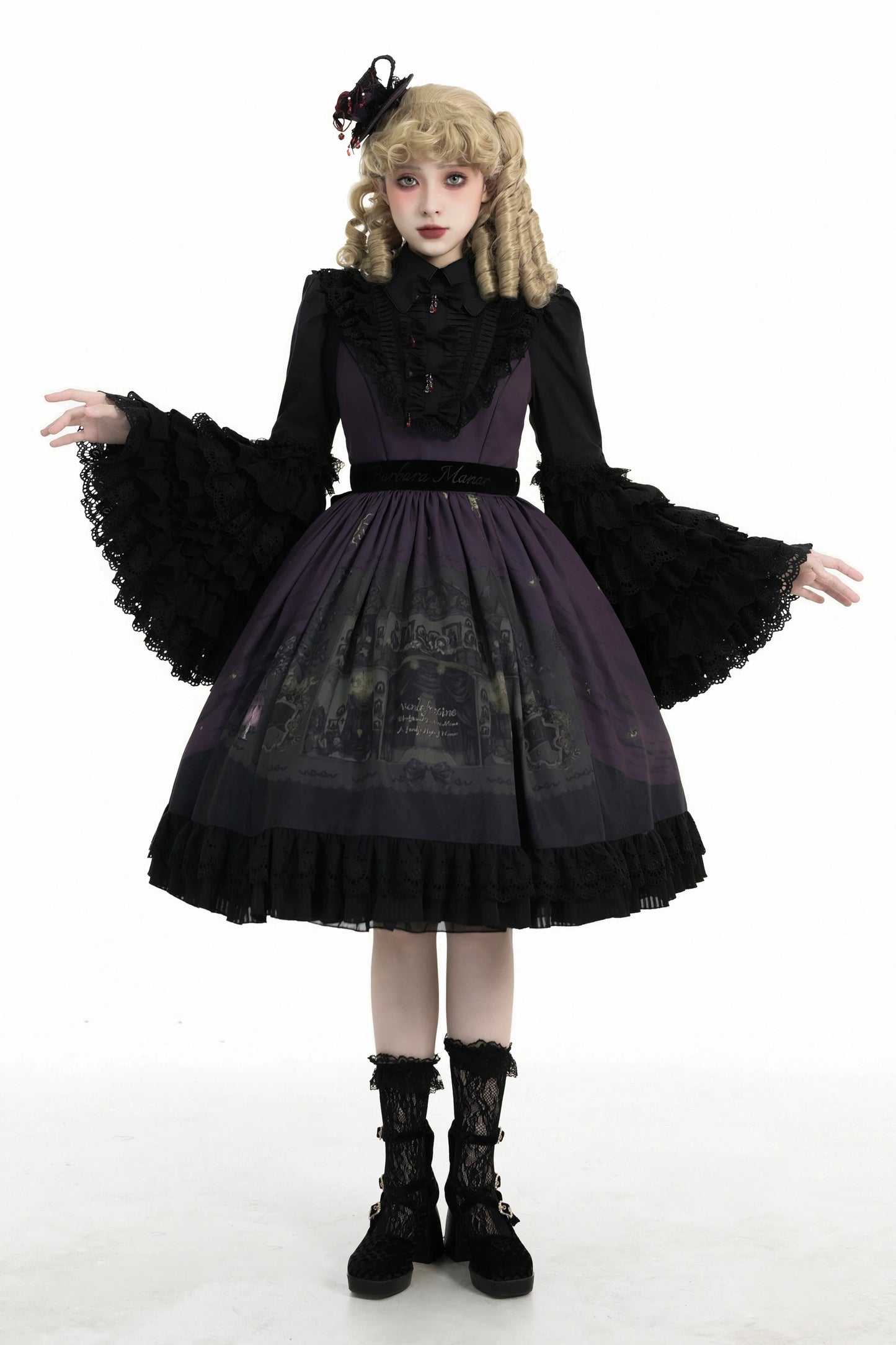 Dark Circle Clinic - Barbara Manor Night - Gothic Lolita JSK Pleated Floral Print Lolita Dress