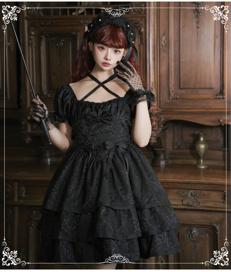 Eieyomi - Thorn Rose - Gothic Lolita Three-layer Ruffle Black OP