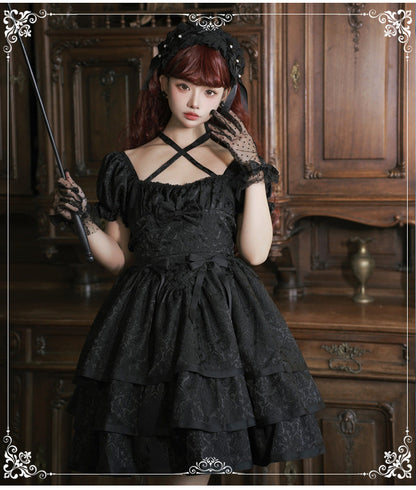 Eieyomi - Thorn Rose - Gothic Lolita Three-layer Ruffle Black OP
