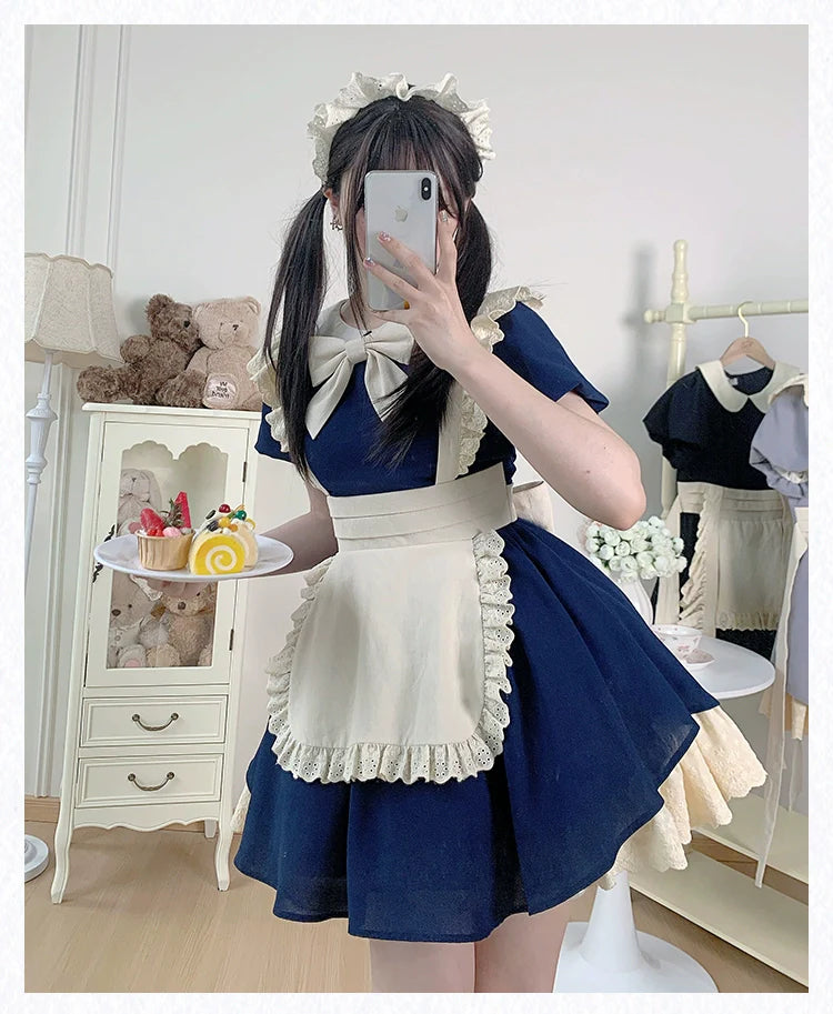With PUJI - KissKiss - Maid Lolita OP Dress Pleated Lace Multicolor Dress