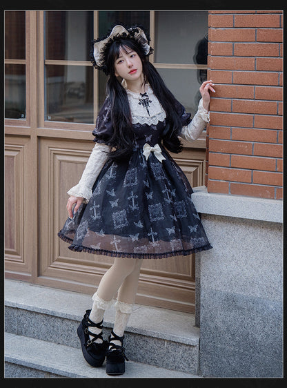 With PUJI - Gothic Butterfly Printing Embroidery Lolita OP