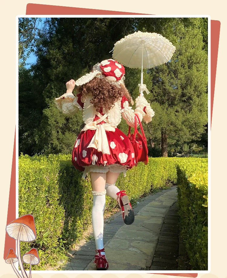 Sakurahime - Mushroom - Kawaii Lolita OP Dress with Apron and Detachable Sleeves