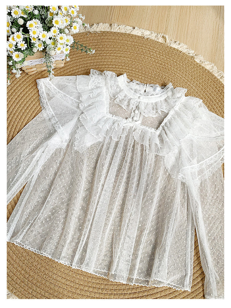 With PUJI - Letters and Poems - Summer Classic Lolita Shirt with Dotted Tulle and Long Sleeve