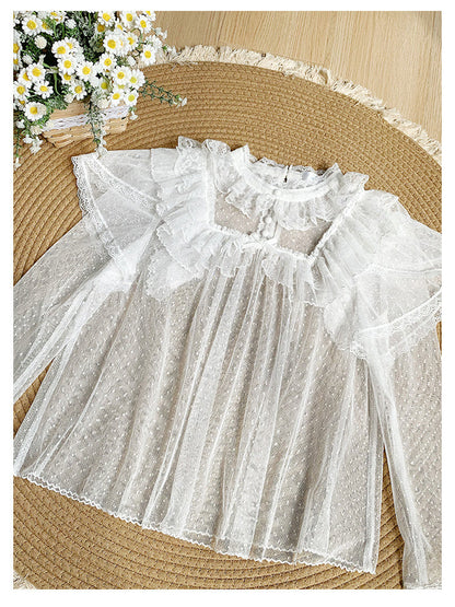 With PUJI - Letters and Poems - Summer Classic Lolita Shirt with Dotted Tulle and Long Sleeve