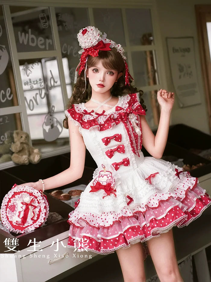 Shuang Sheng Xiao Xiong - Bite The Cake - Sweet Lolita Dress, Red & White Polka Dots