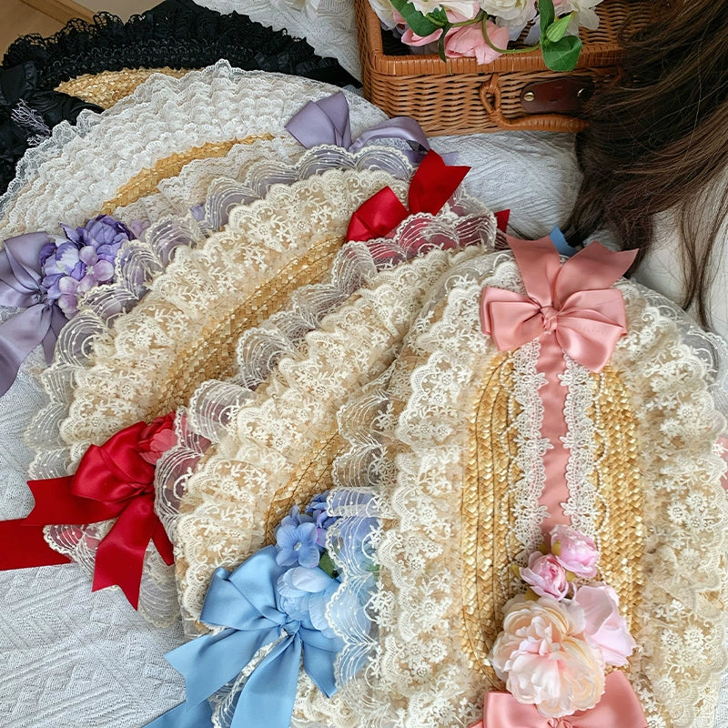 With PUJI - Floral Language - Country Lolita Lace Bow Flat Cap Straw Hat
