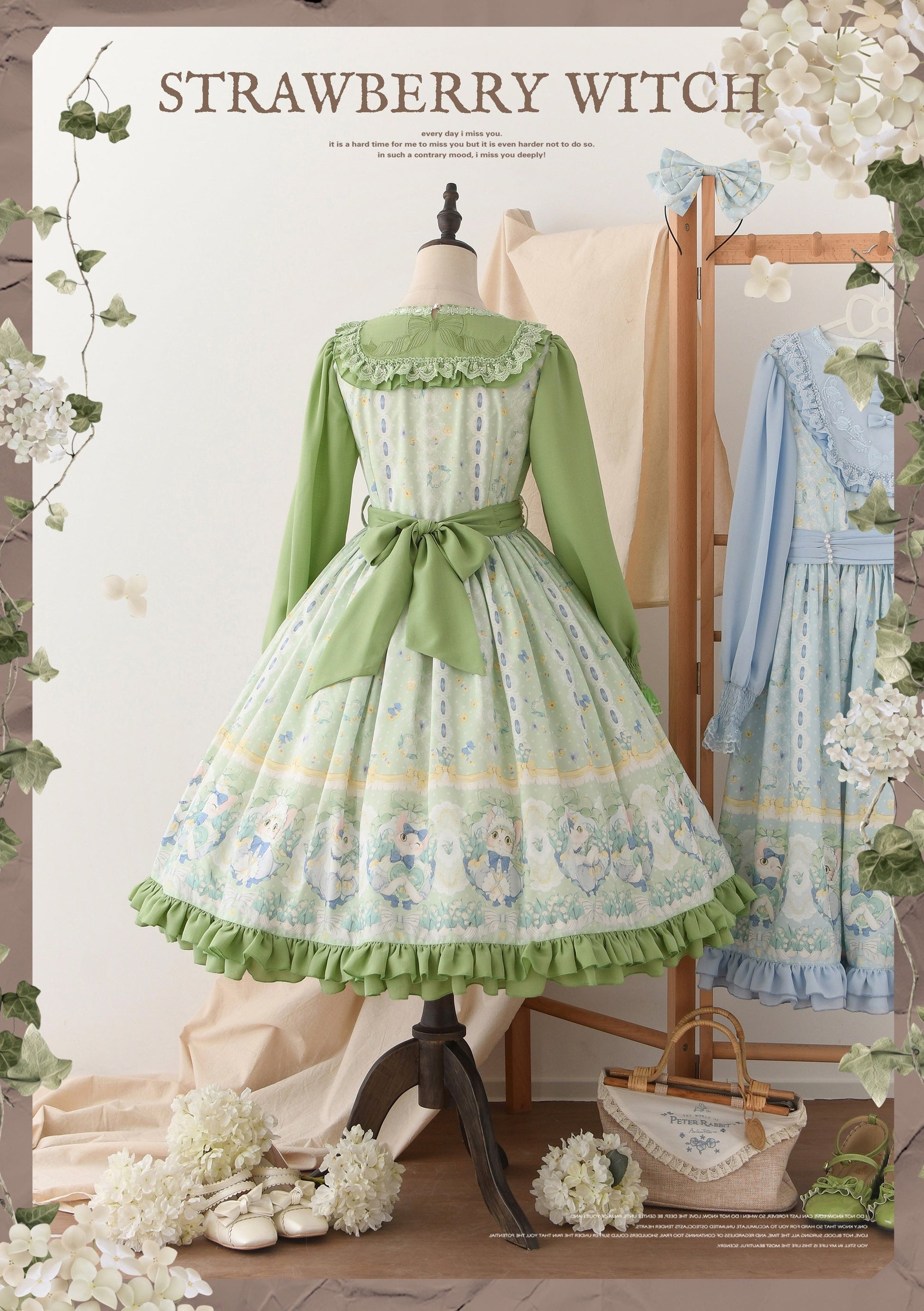 Strawberry Witch - Lily of the Valley Kitten - Country Lolita OP with Embroidery and Cat Print