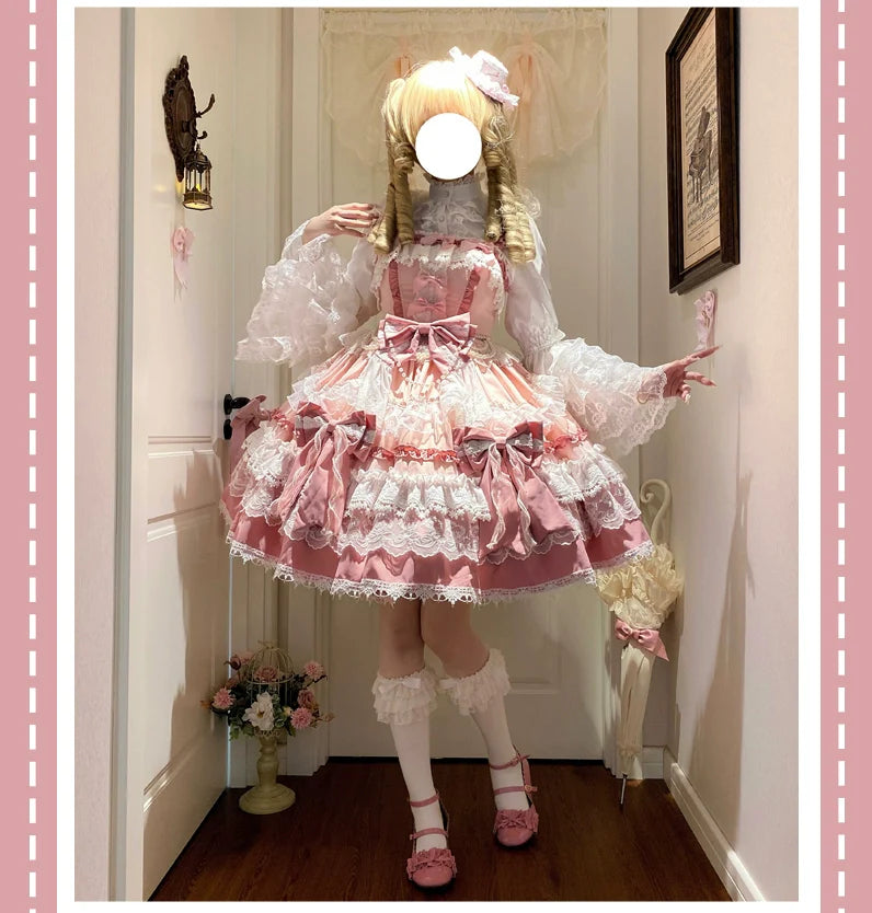 Qianmu - Girl's Secret - Pink Sweet Lolita JSK Dress with Lace and Bow Trailing