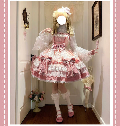 Qianmu - Girl's Secret - Pink Sweet Lolita JSK Dress with Lace and Bow Trailing