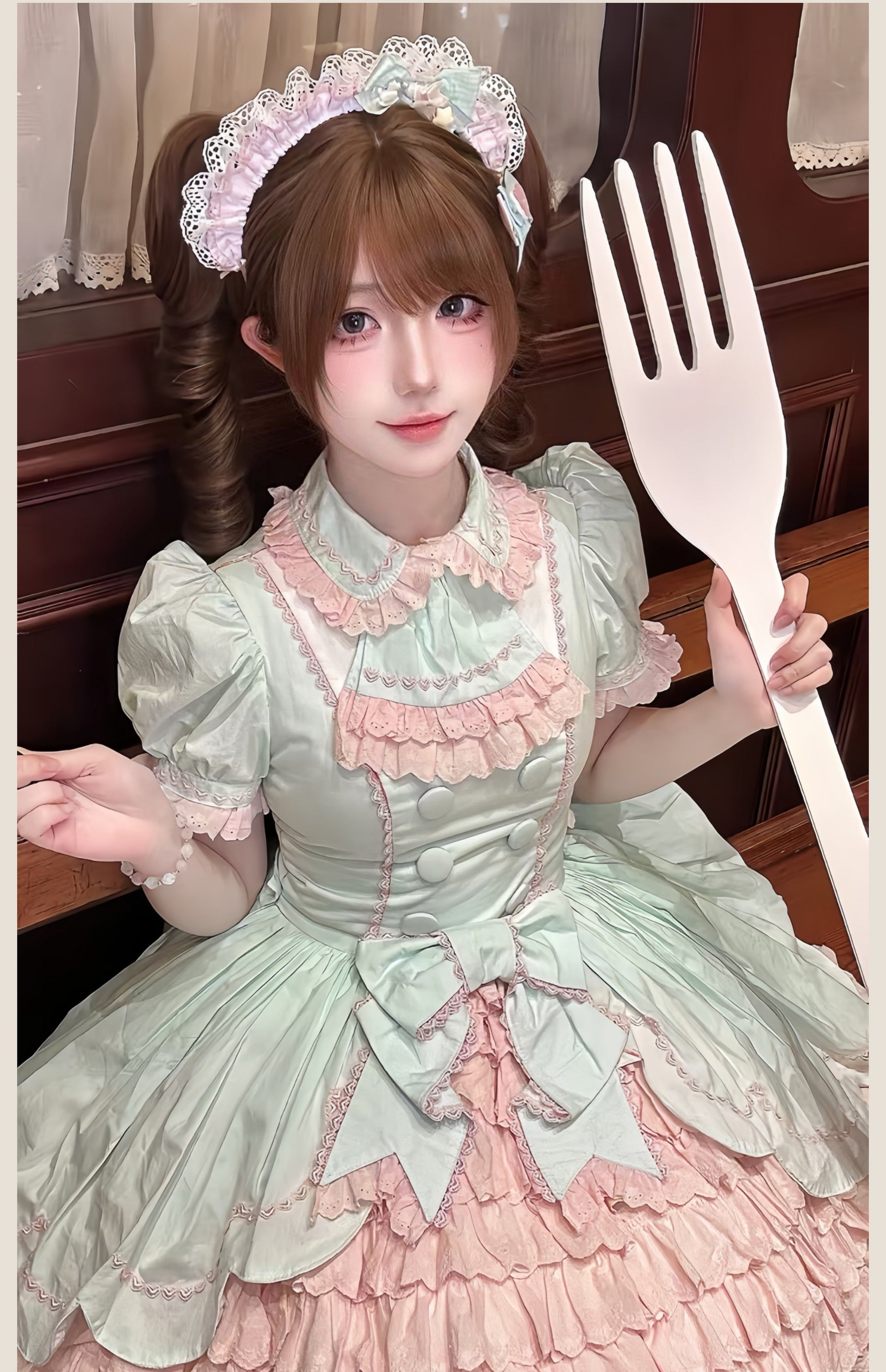 TaTaTa Lolita - Melon Parfait - Old School Lolita OP Suit Pink-Green Sweet Dress