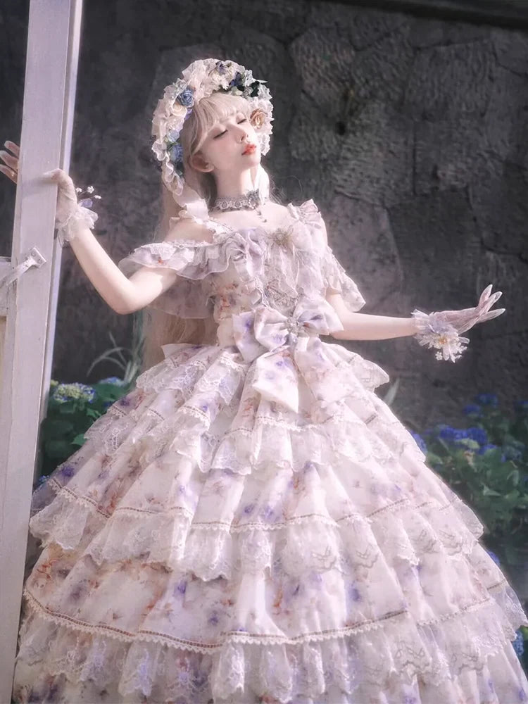 Cat Fairy - Rose Letter - Gorgeous Lolita JSK Princess Dress Chiffon Floral Printed Blue Dress