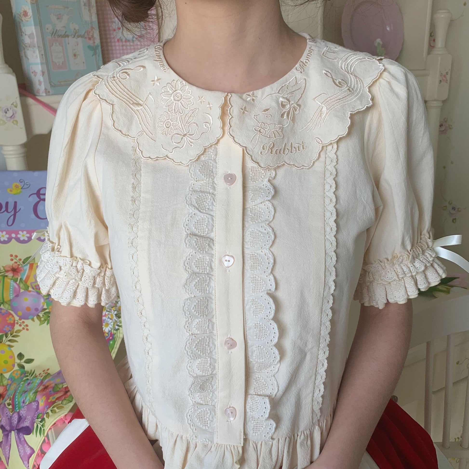 Flower Banquet - Kawaii Lolita Cotton Bunny Embroidery Blouse