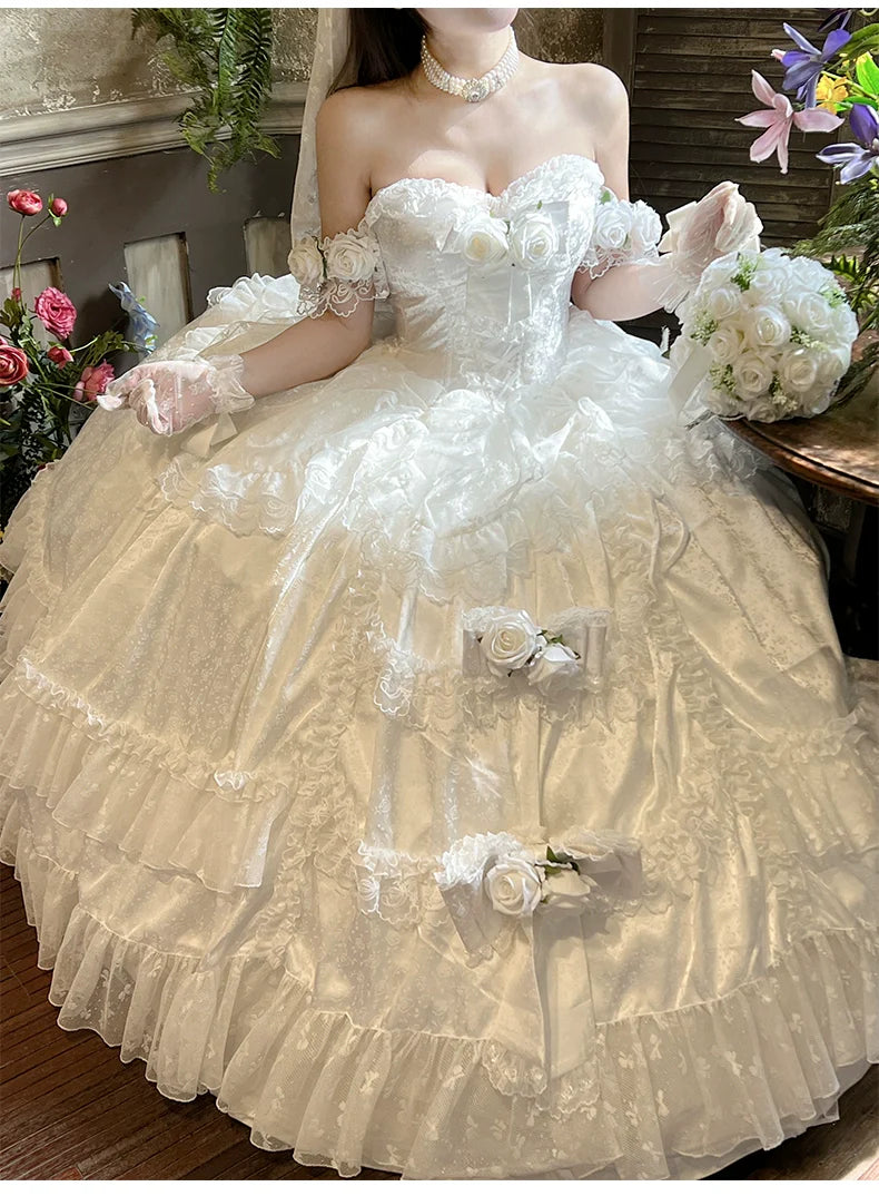 Diamond Honey - Love and Roses - Princess Bridal Wedding Lolita Dress With Rose Detail and Tiered Skirt