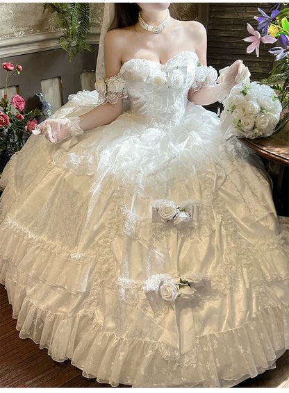 Diamond Honey - Love and Roses - Princess Bridal Wedding Lolita Dress With Rose Detail and Tiered Skirt