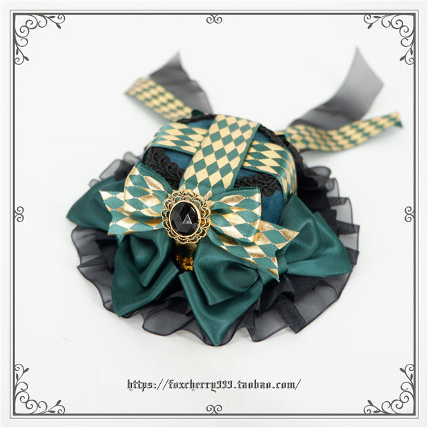 Fox Cherry - Green Lattice Rabbit Ear Bow Lolita Hat Headdress