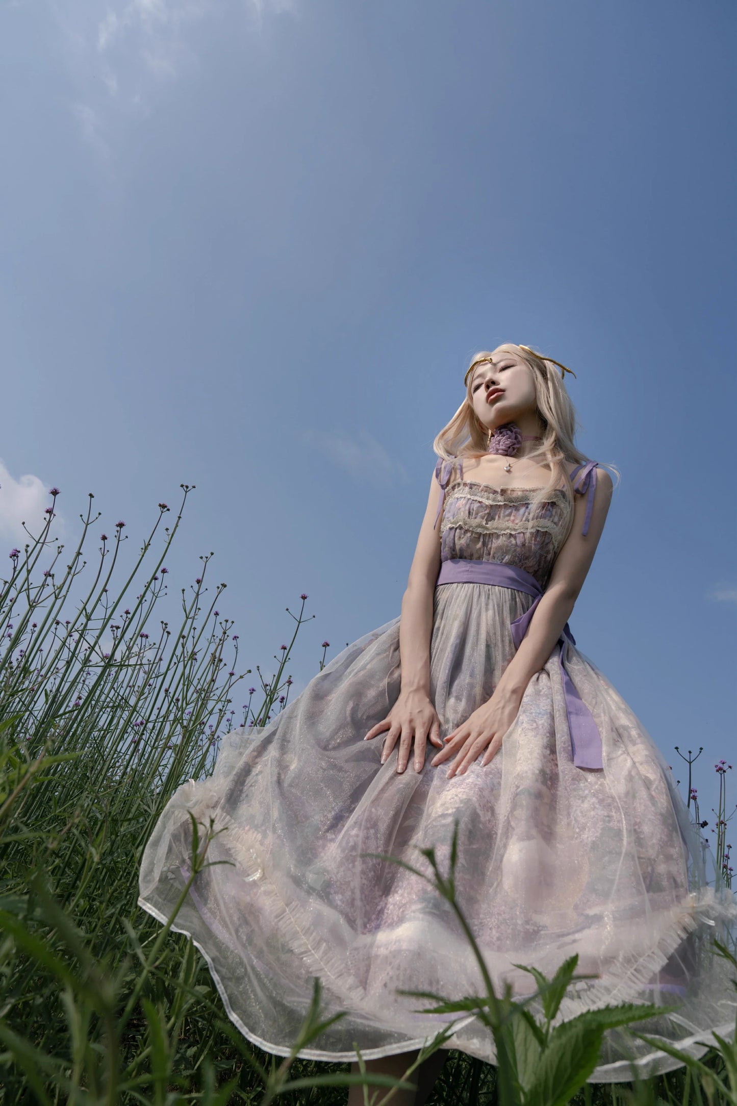 Cyan Lolita - Blooming Tree Shade - Sweet Lolita Strap JSK Bow Oil Painting Print Dress