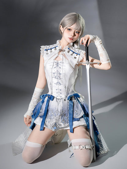 Designer's Gift - Blue Dragon Bone - Ouji Lolita Shorts Suit with Embroidery and Trailing