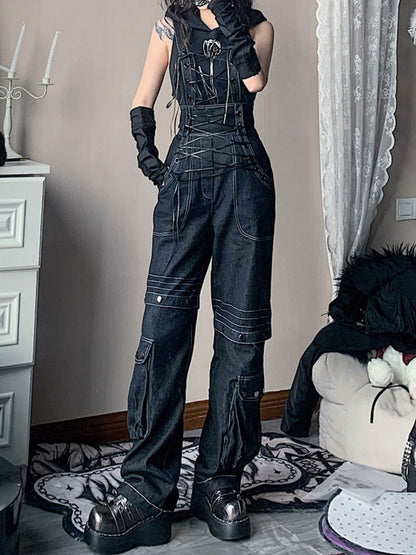 Lace-up style suspender jeans