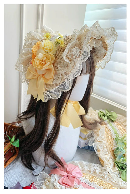 With PUJI - Floral Language - Country Lolita Lace Bow Flat Cap Straw Hat