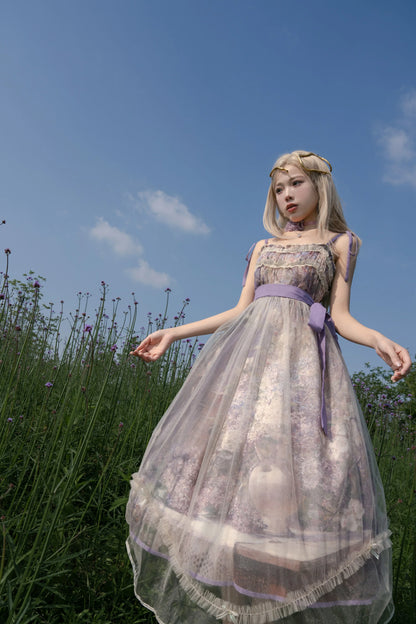 Cyan Lolita - Blooming Tree Shade - Sweet Lolita Strap JSK Bow Oil Painting Print Dress