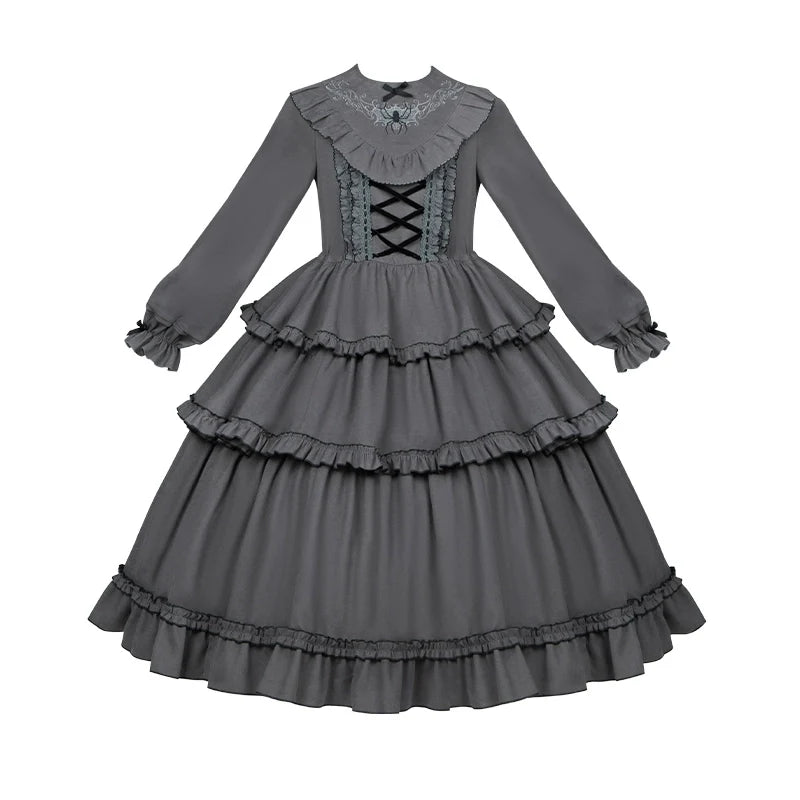 With PUJI - Castle Night - Gothic Twins Lolita OP Three-tiered Embroidery Dress